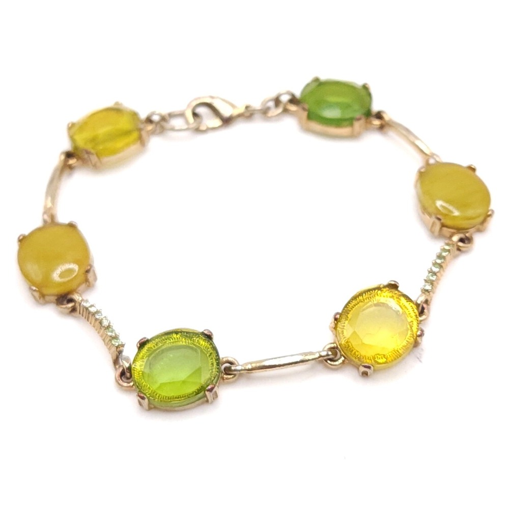 Vintage Lucite Acrylic Station Link Bracelet Gold-tone Green Yellow 7.5"
